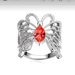 New red / silver butterfly ring